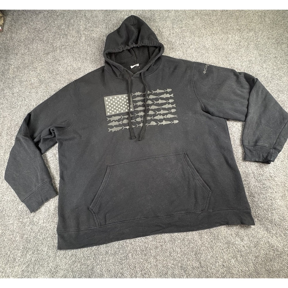 Columbia PFG Hoodie Men's XXL Black Fish Flag Fishing USA Graphic Grunge Outdoor